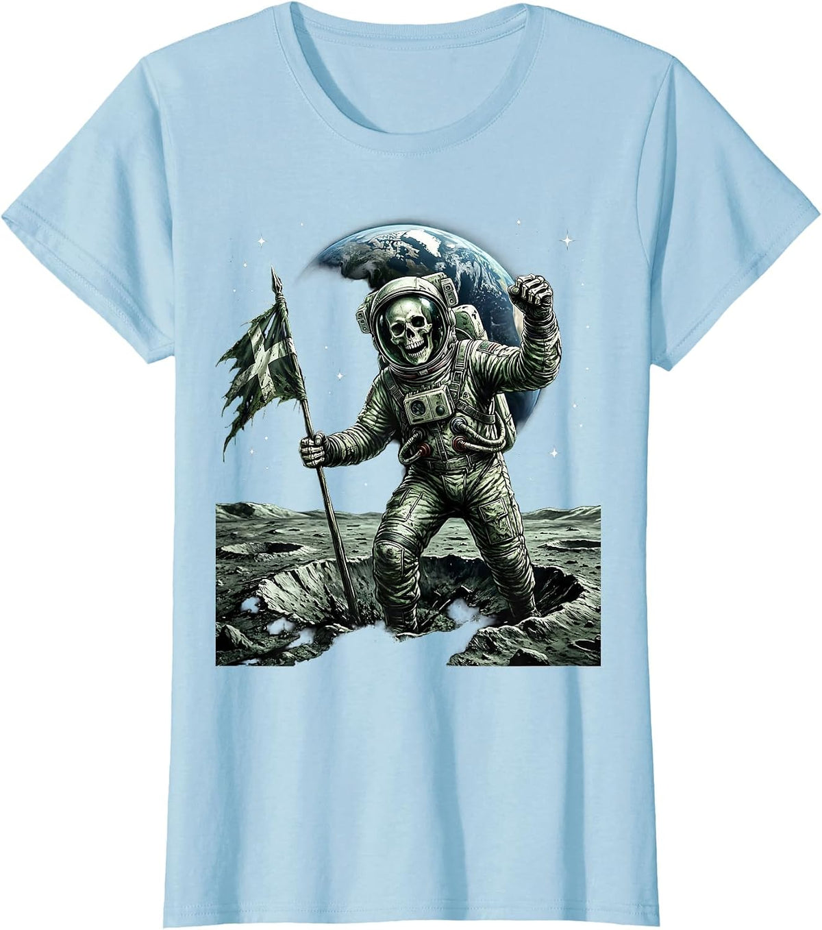 Skeleton Astronaut Planting Flag on Moon T-Shirt - Baby Blue