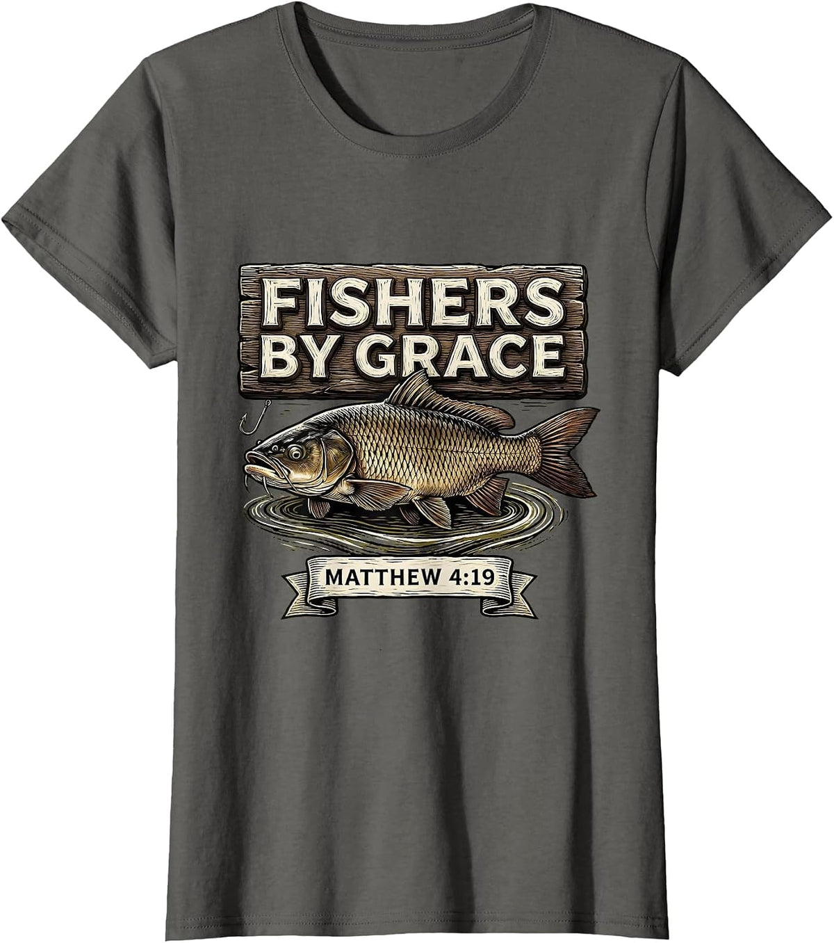 Women's Fishers By Grace Matthew 4:19 Christian Fishing Father T-Shirt - Asphalt Grey
