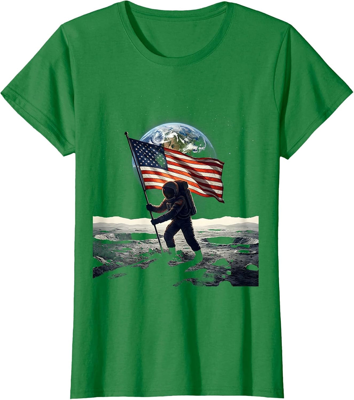 Astronaut Planting American Flag on the Moon T-Shirt - Kelly Green