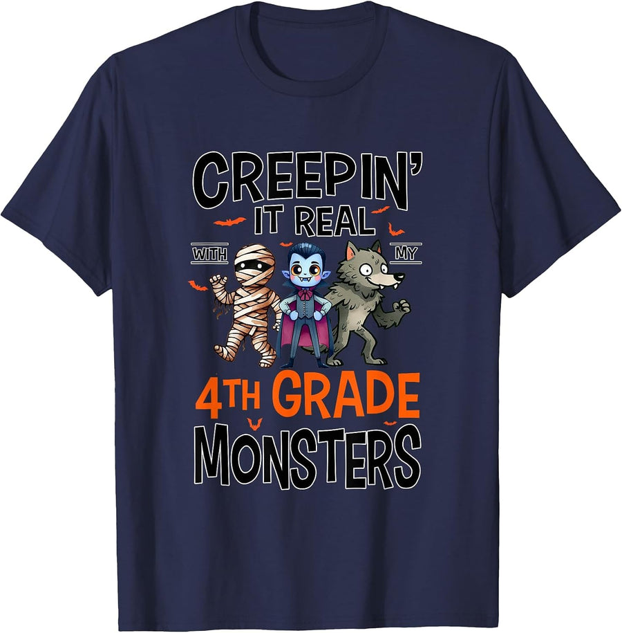 Halloween Teacher Creepin It Real with My 4th Grade Monsters T-Shirt - Navy Blue