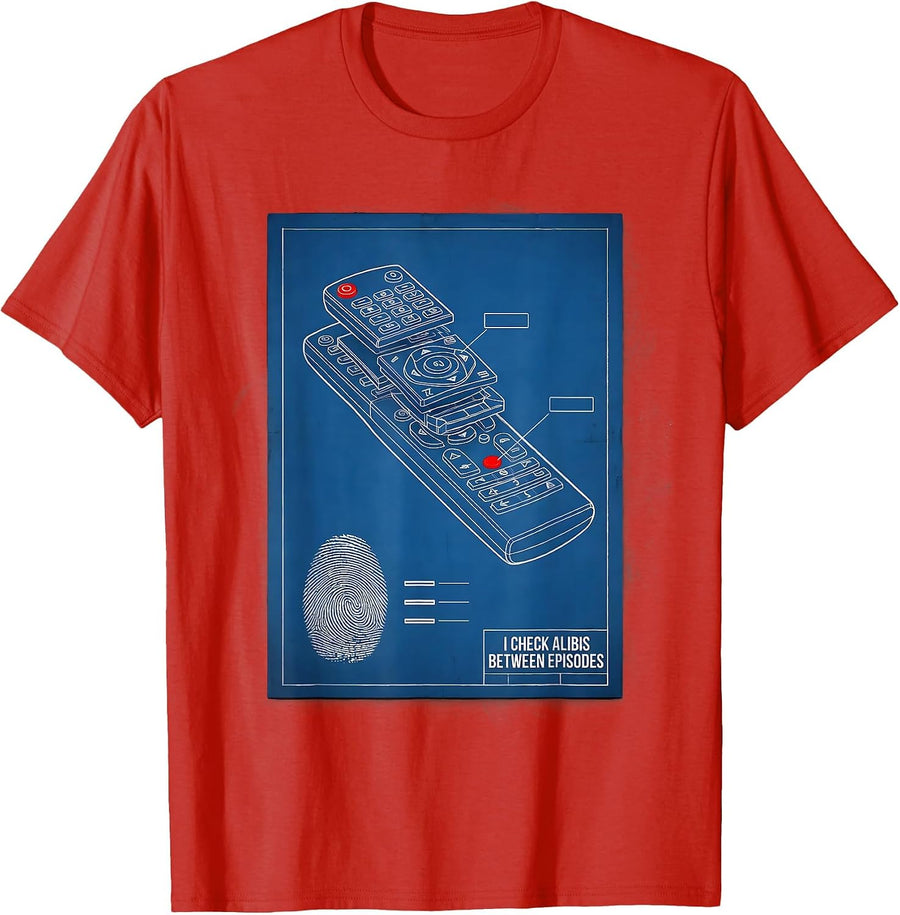 Men's I Check Alibis Between Episodes Funny True Crime Fan Podcast T-Shirt - Red