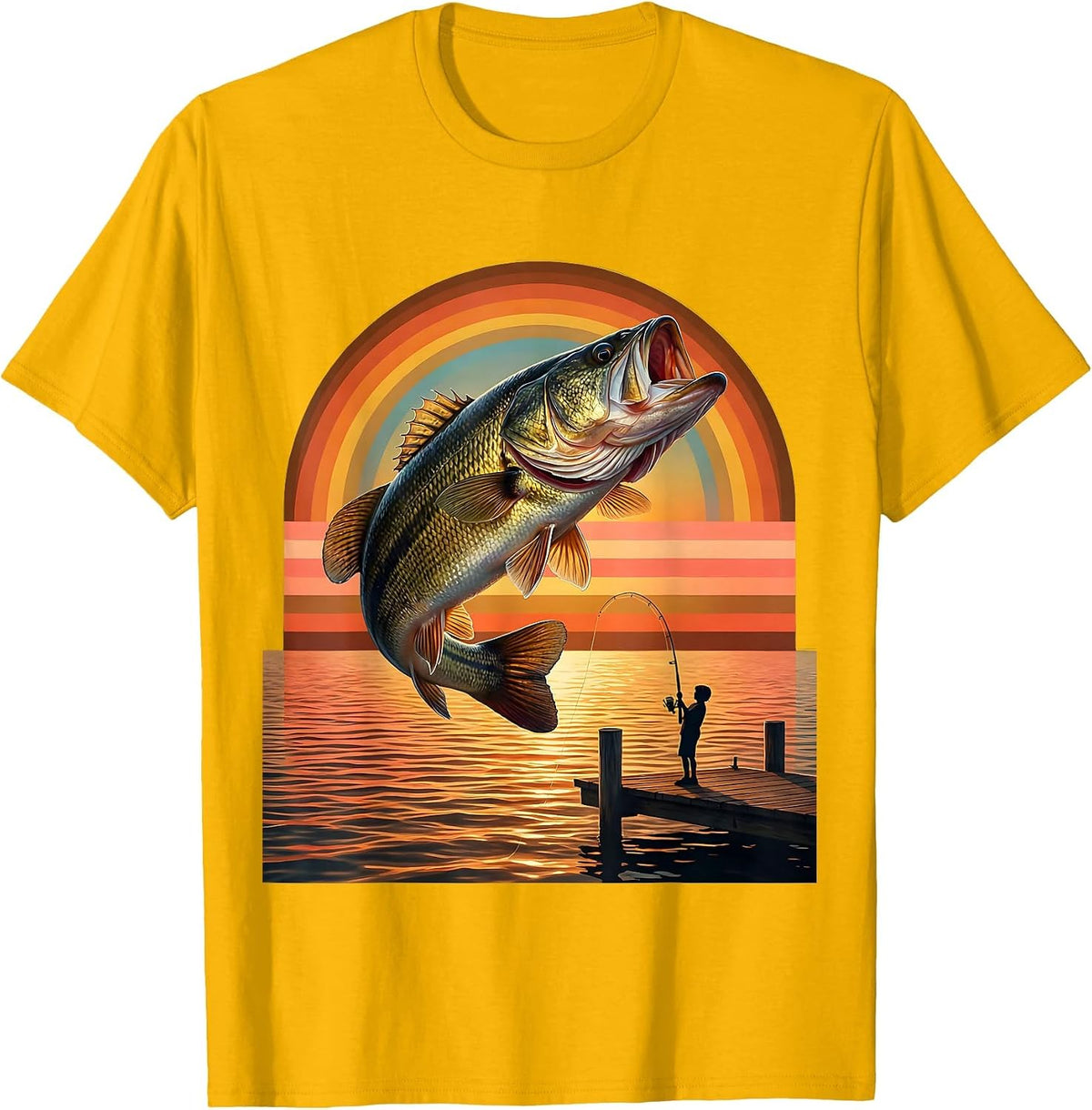 Kids Fishing Reeling In Giant Leaping Bass T-Shirt - Golden Yellow