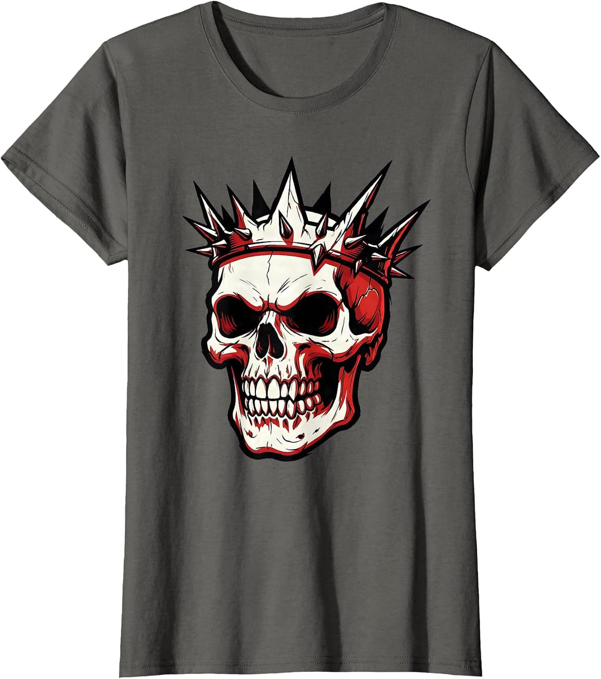 Women's Rebel Skull Spiked Crown Fierce Expression Graphic T-Shirt - Asphalt Grey
