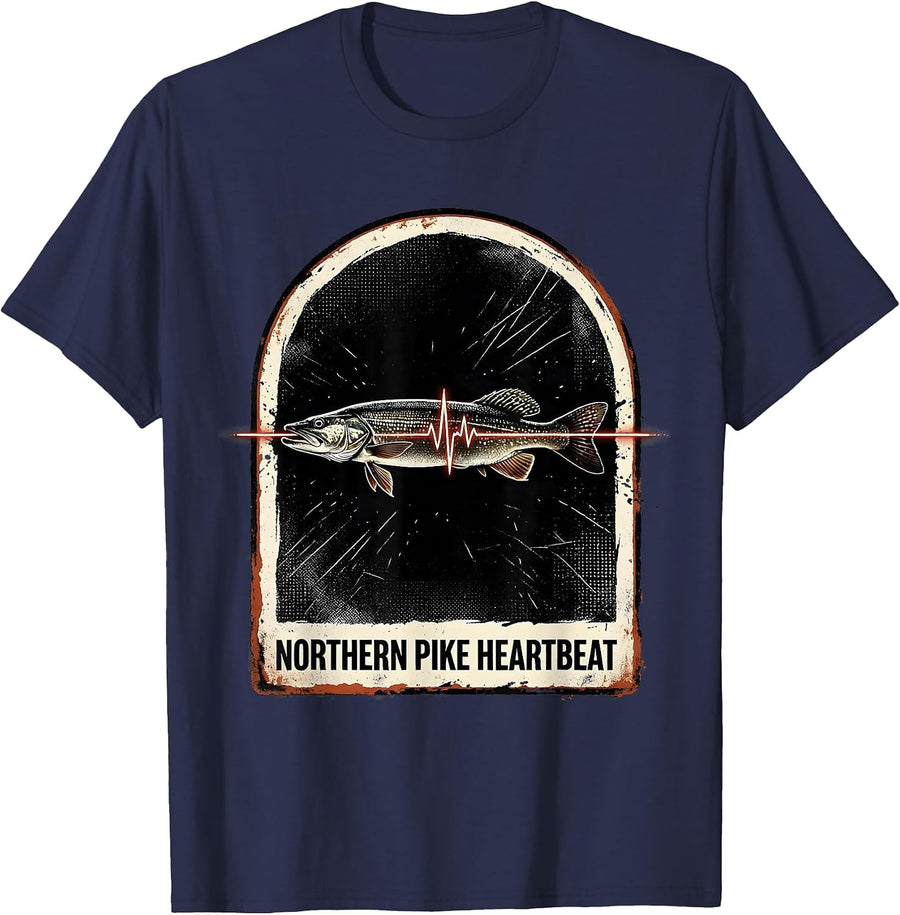 Northern Pike Heartbeat Distressed Fishing Angler Gift T-Shirt - Navy Blue