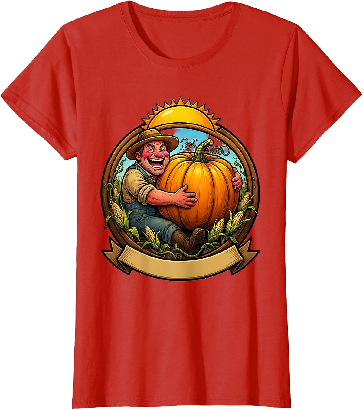 Farmer Cradling Pumpkin Harvest Field Illustration T-Shirt - Red