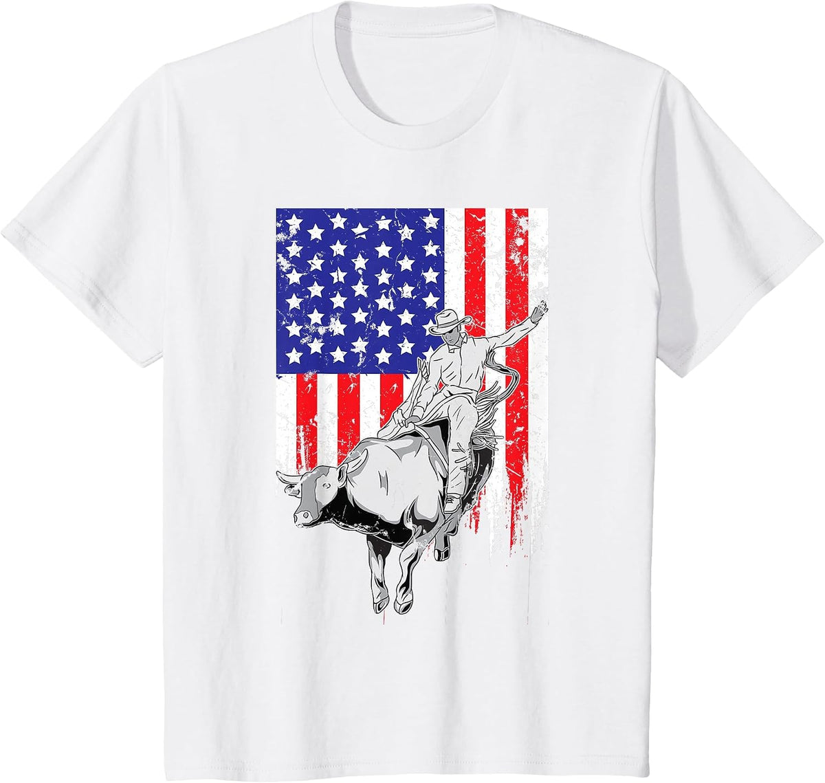 American Flag Bucking Bull Riding Patriotic Rodeo Rider T-Shirt - White