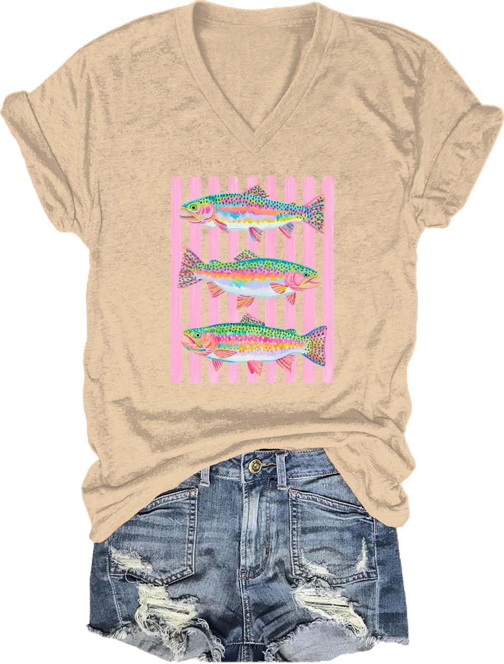 Rainbow Trout Fishing Shirt Colorful Fish Angler Graphic Tee - V-Neck Khaki-v