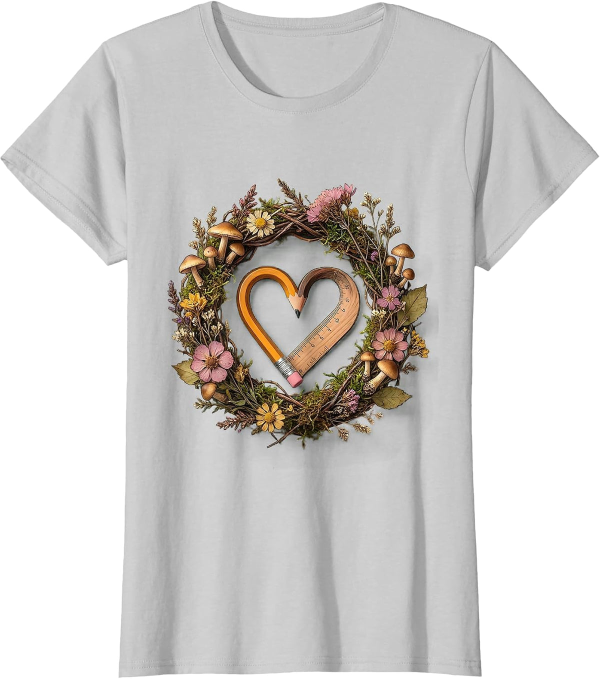 Elementary Teacher Ruler Pencil Heart Graphic T-Shirt - Silver Grey
