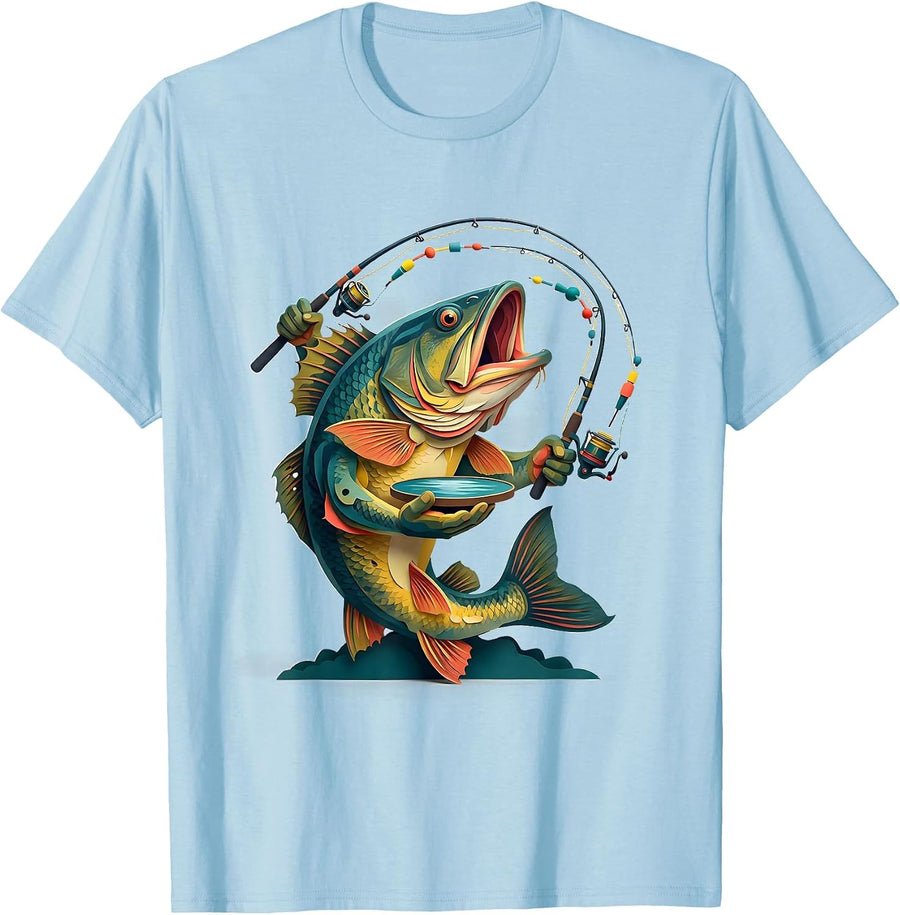 Men's Oversized Grinning Bass Juggling Fishing Rods Funny Humor T-Shirt - Baby Blue