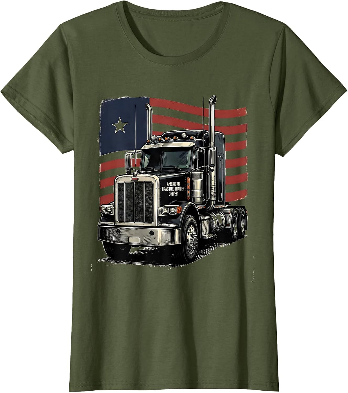 Women's American Tractor-Trailer Driver Patriotic Semi-Truck Driver T-Shirt - Olive Green