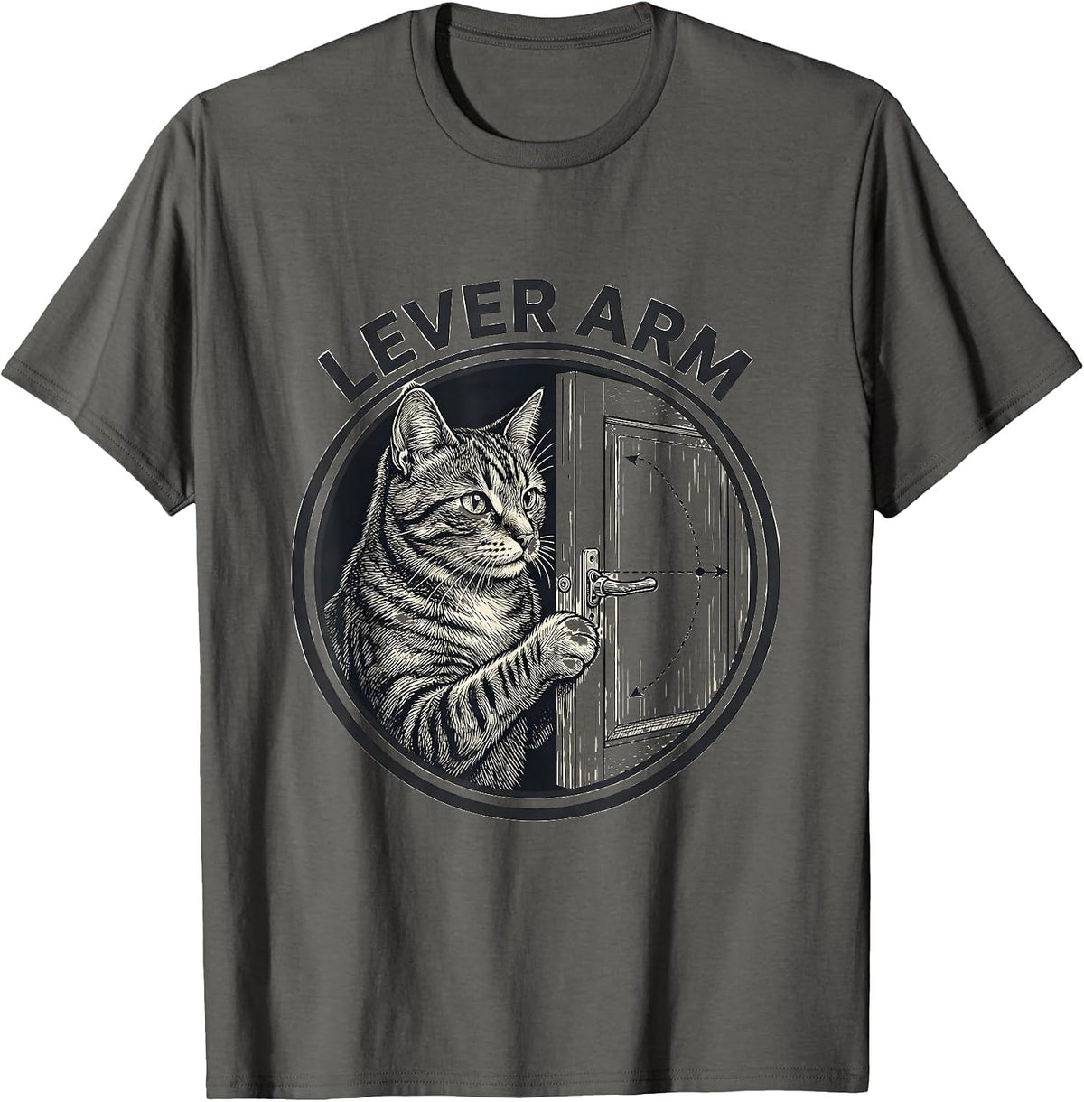 Men's Lever Arm Funny Cat Physics Humor Science Teacher Gift T-Shirt - Asphalt Grey