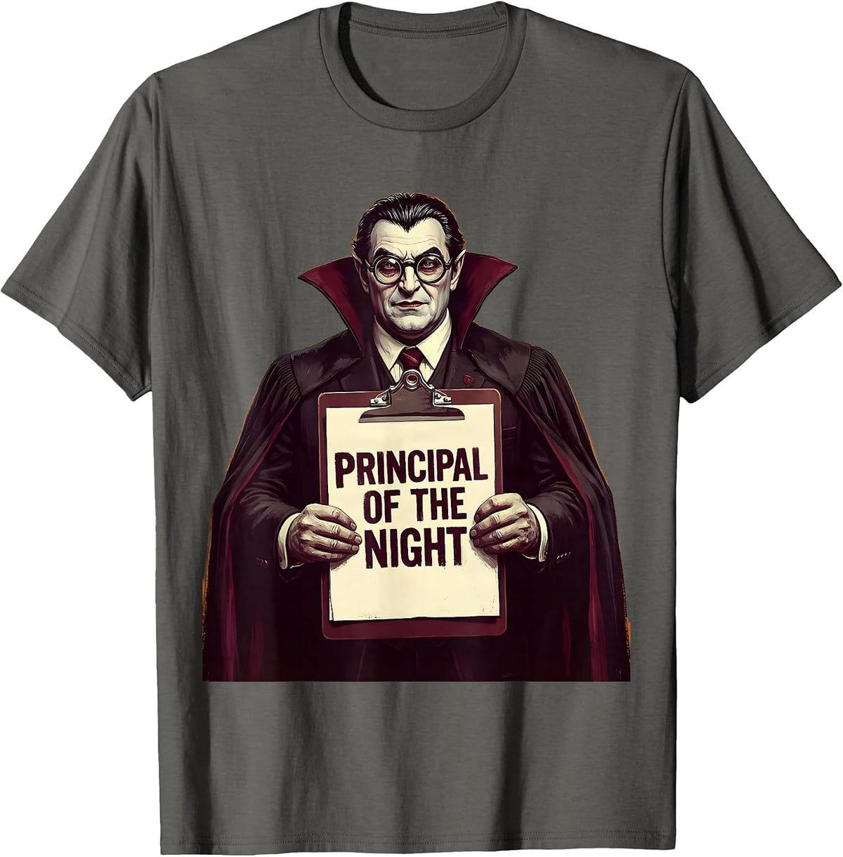 Principal of the Night Halloween Vampire Design T-Shirt - Asphalt Grey
