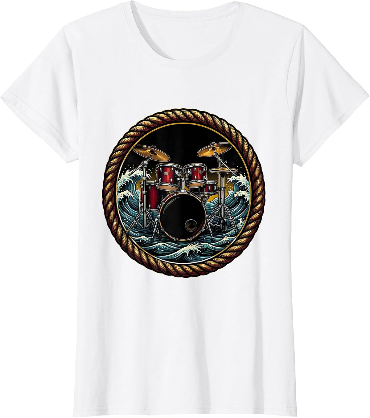 Drum Kit Crashing Waves Classic Rock Illustration T-Shirt - White