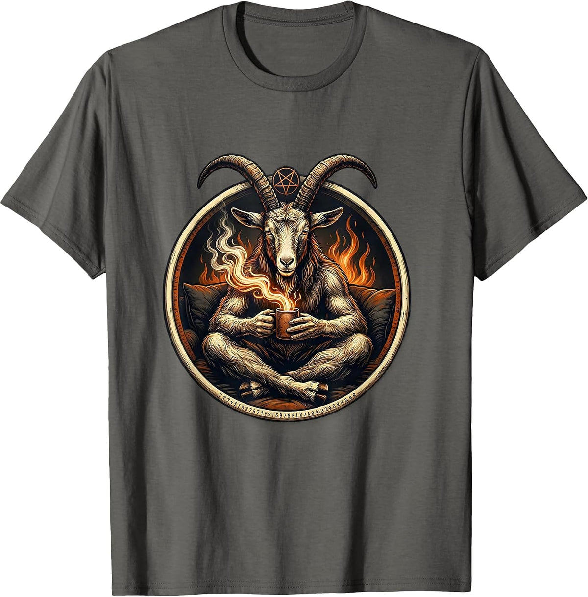 Men's Seated Baphomet Badge Occult Satanic Goat Head T-Shirt - Asphalt Grey