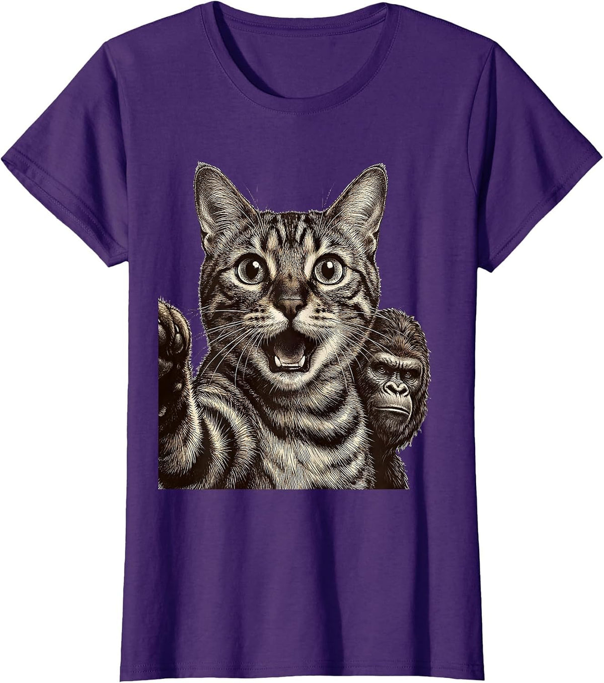 Women's Bengal Cat Bigfoot Crosshatch Etching Funny Meme Humor T-Shirt - Purple