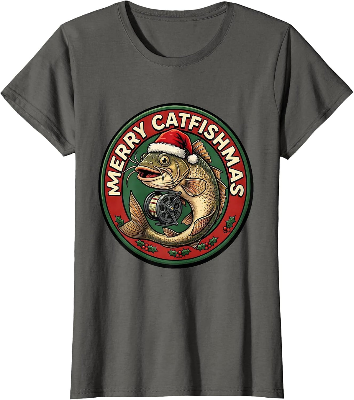 Women's Merry Catfishmas Funny Fishing Christmas Ugly Sweater Dad T-Shirt - Asphalt Grey