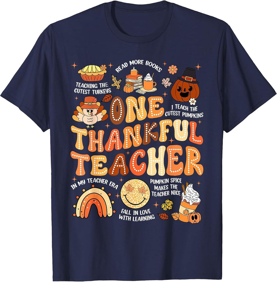 Thanksgiving One Thankful Teacher Fall Groovy Men Women T-Shirt - Navy Blue