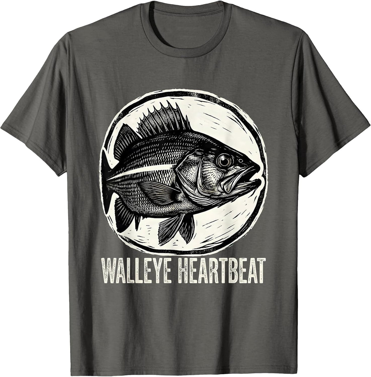 Walleye Heartbeat Woodcut Engraving Freshwater Fish Angler T-Shirt - Asphalt Grey