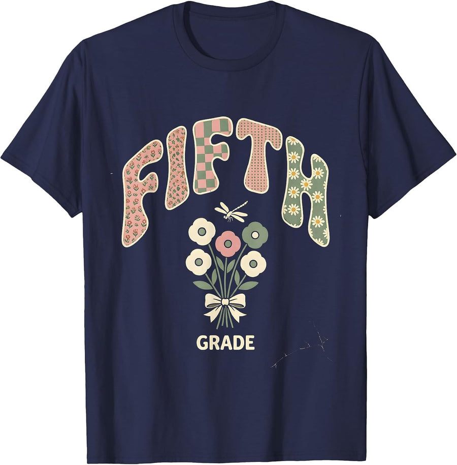 Fifth Grade Floral Boho Back To School Girls Teacher T-Shirt - Navy Blue