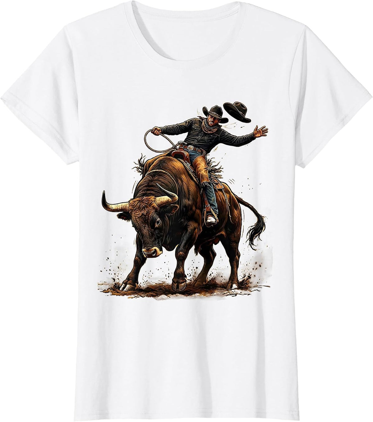 Black Cowboy Bull Riding Graphic Tee T-Shirt - White