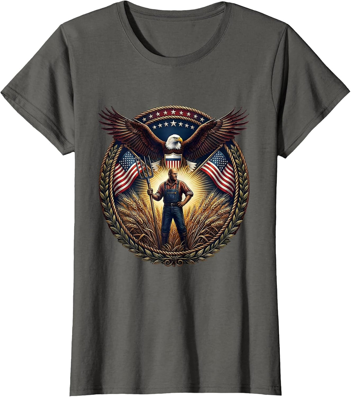 Women's Farmer Pitchfork Wheat Field Harvest Illustration T-Shirt - Asphalt Grey