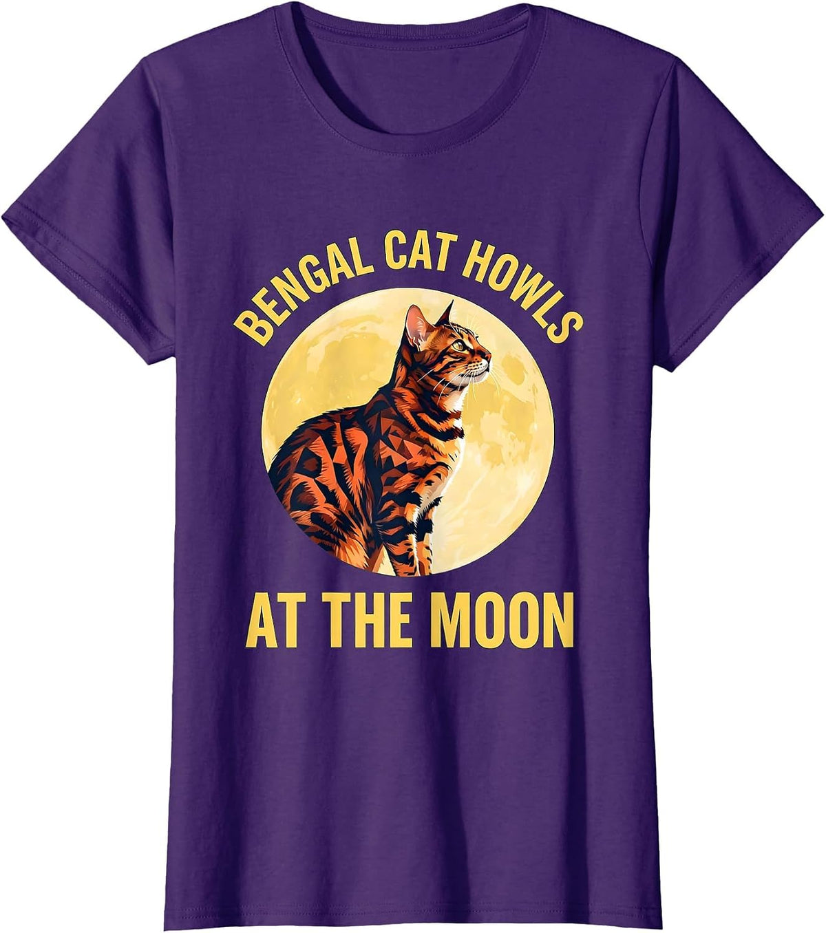 Women's Bengal Cat Howls at the Moon 90s Retro Novelty Humor T-Shirt - Purple