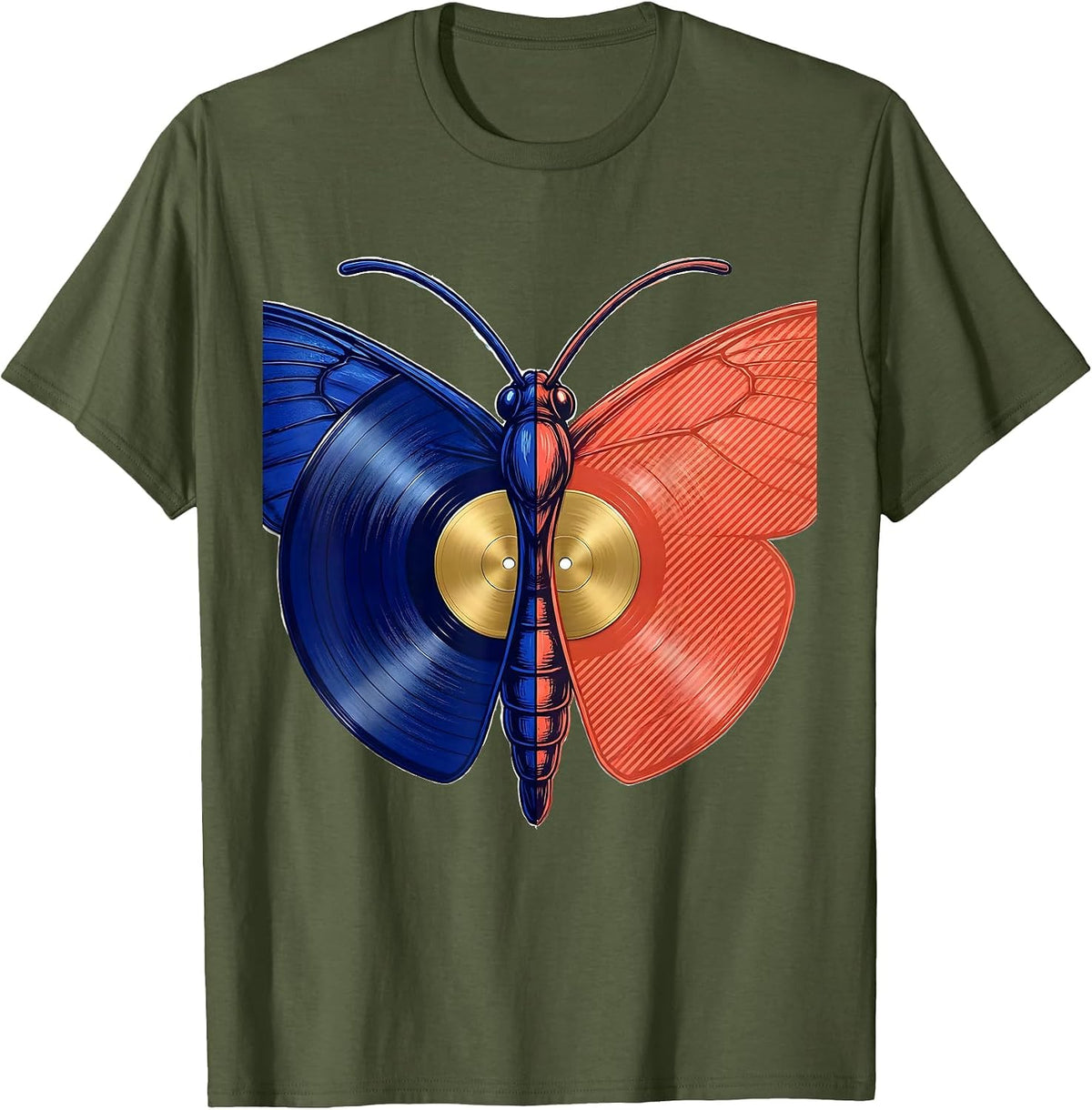 Moth Vinyl Record Wings Rock Music Graphic Tee T-Shirt - Olive Green