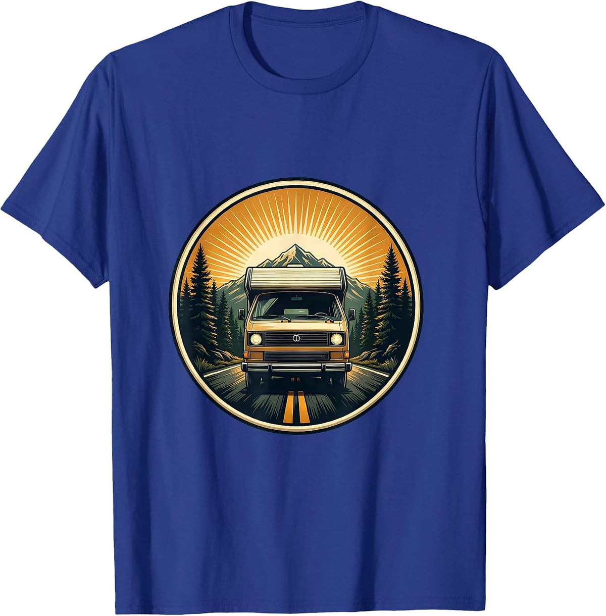 Vintage Camper Van Forest Road Adventure Graphic T-Shirt - Royal Blue