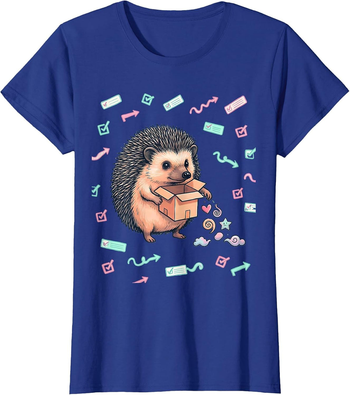 Women's Round Hedgehog Party Favor Box Kawaii Doodle Valentine T-Shirt - Royal Blue