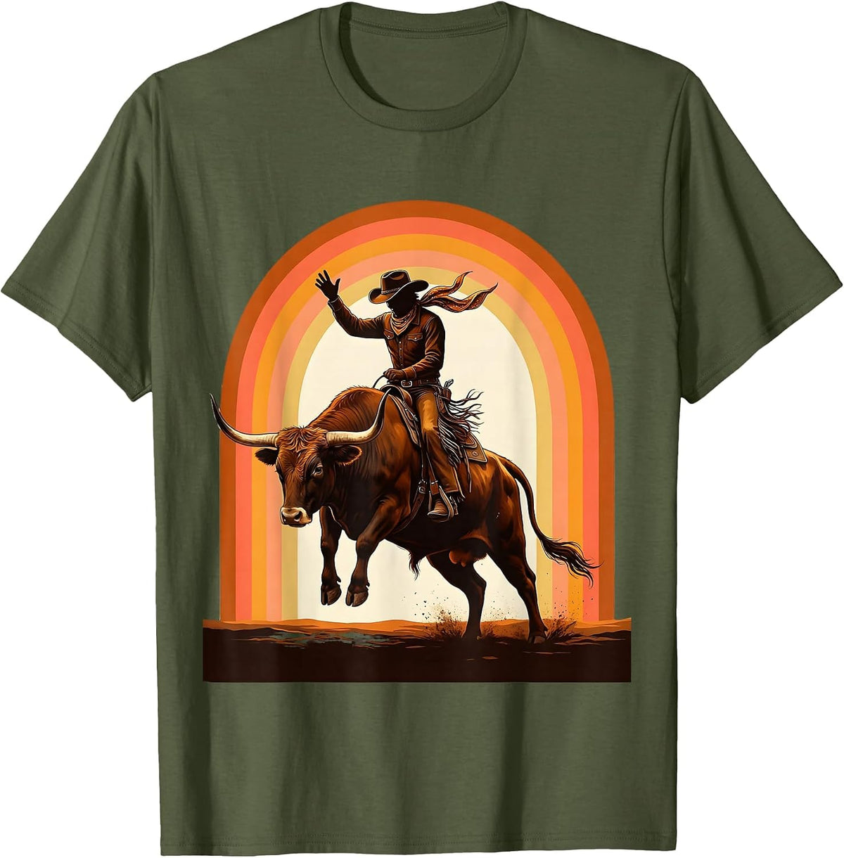 Cowgirl Bandana Longhorn Bull Riding Illustration T-Shirt - Olive Green