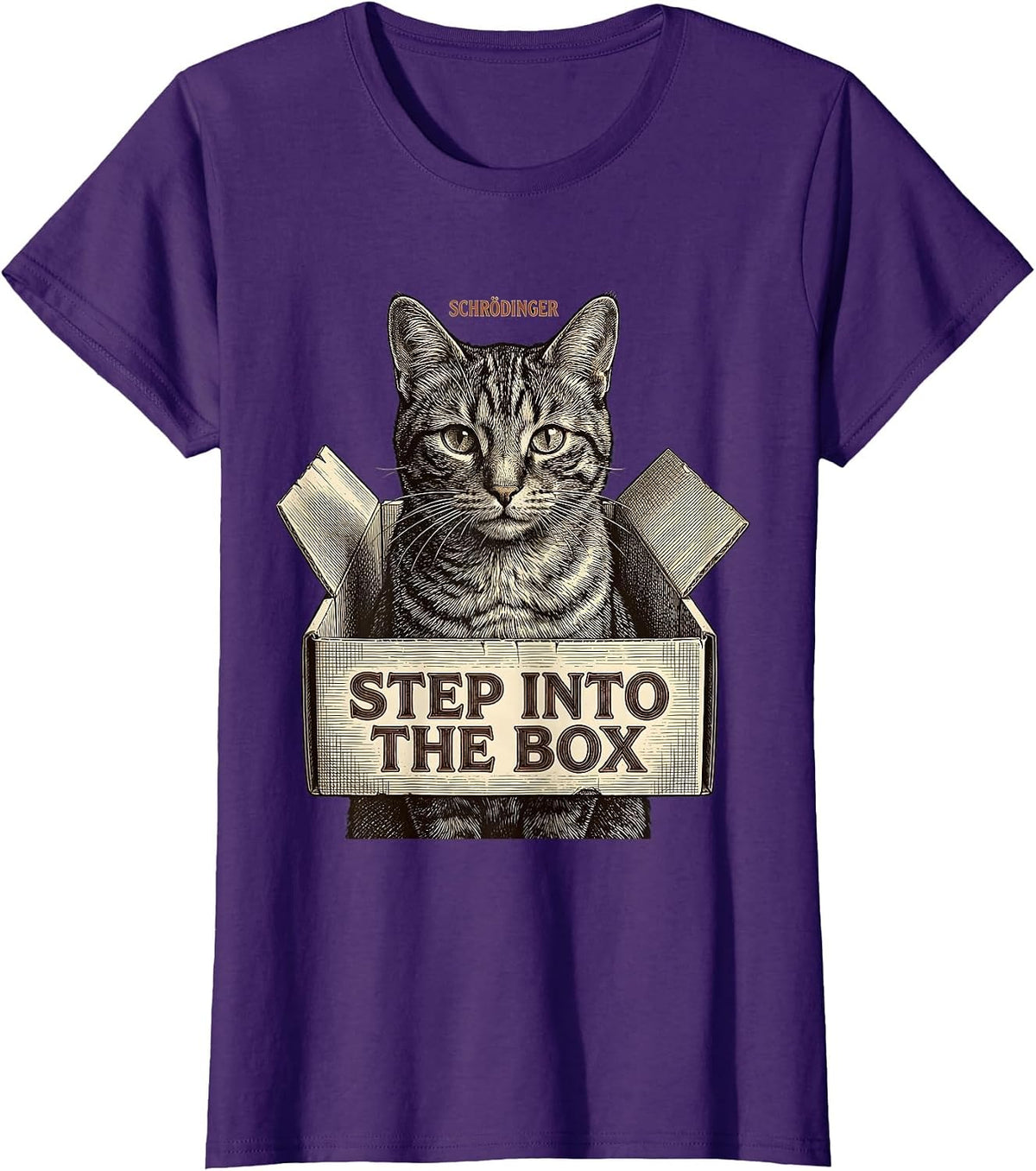 Women's Schrödinger, Step Into the Box Funny Quantum Physics Cat T-Shirt - Purple