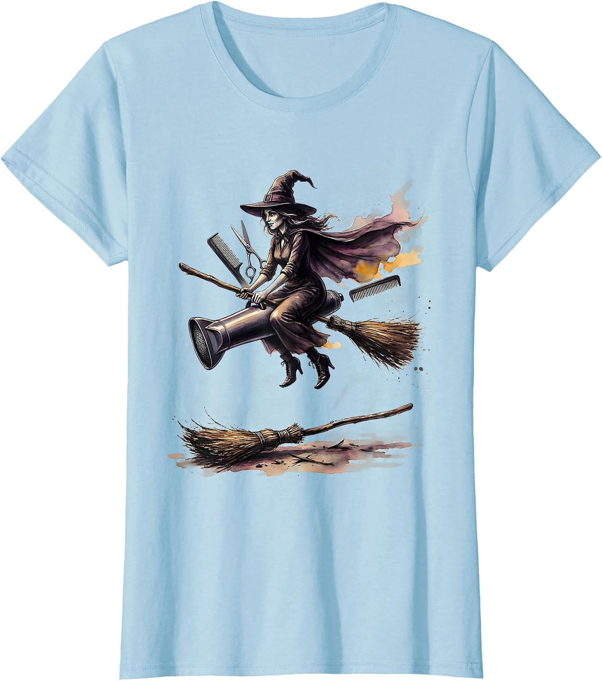 Women's Hairstylist Witch Halloween Occupation Humor Watercolor T-Shirt - Baby Blue