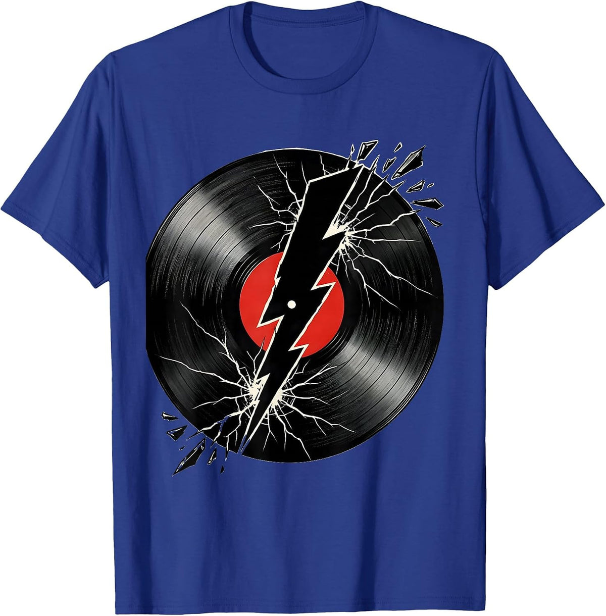 Men's Cracked Vinyl Record Lightning Bolt Rock Music T-Shirt - Royal Blue