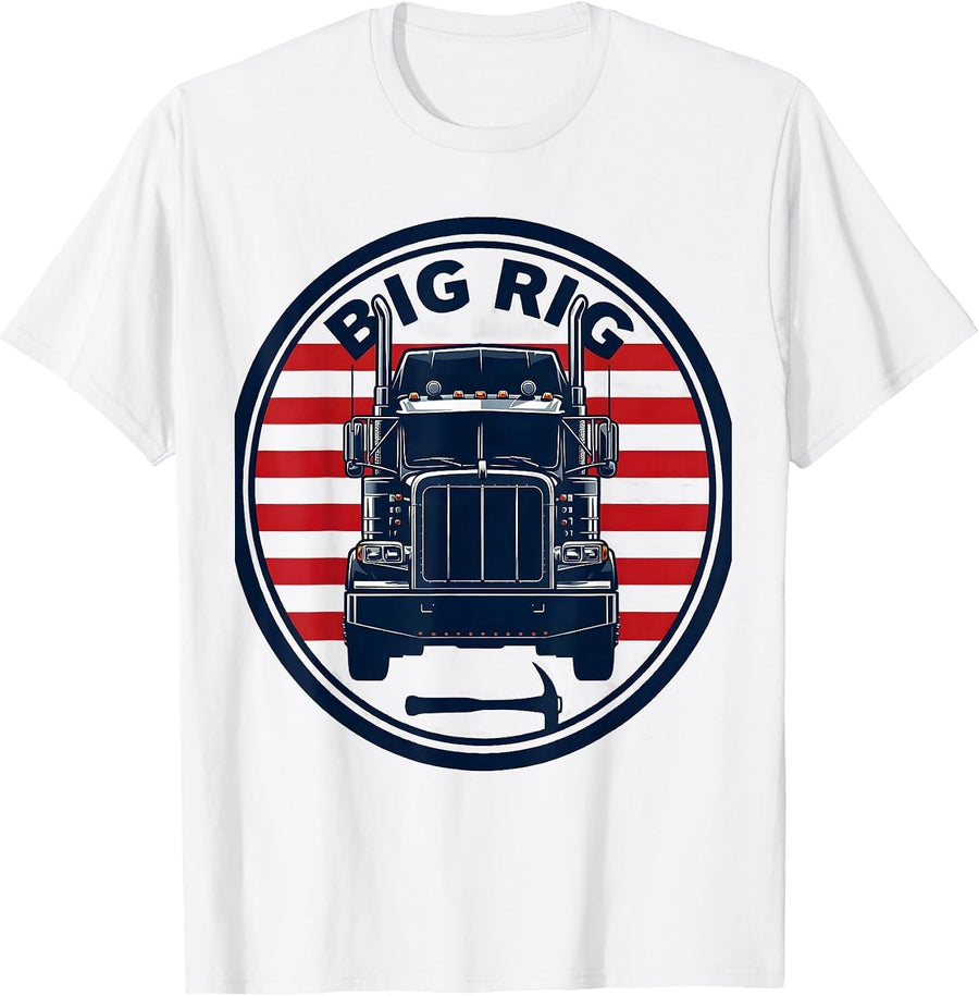 Men's BIG RIG Patriotic Semi Truck Driver American Flag Pride T-Shirt - White