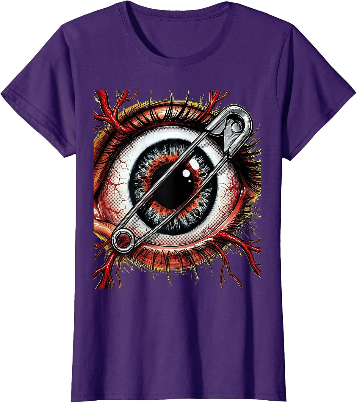 Women's Punk Eyeball Safety Pin Graphic Design T-Shirt - Purple