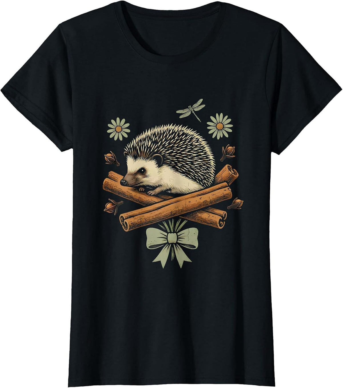 Thanksgiving Hedgehog Cinnamon Cloves Illustration T-Shirt - Black
