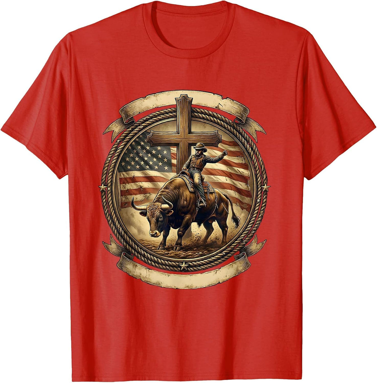 Men's Rodeo Bull Riding Graphic - USA Cowboy Bucking T-Shirt - Red