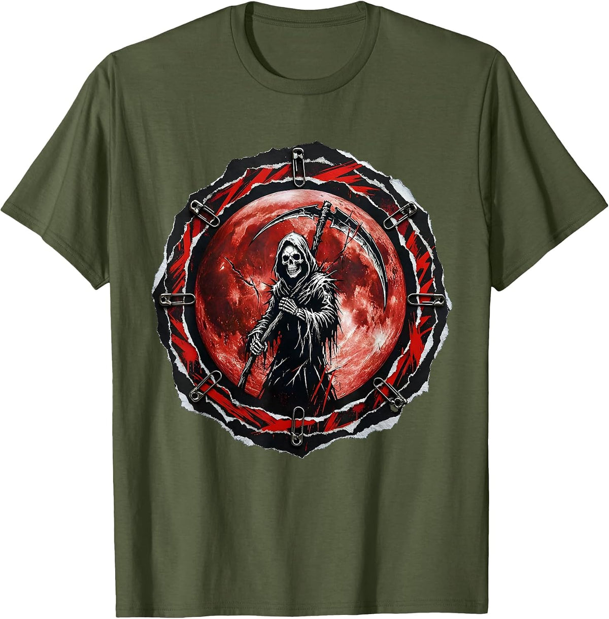 Grim Reaper Blood Moon Metal Graphic T-Shirt - Olive Green