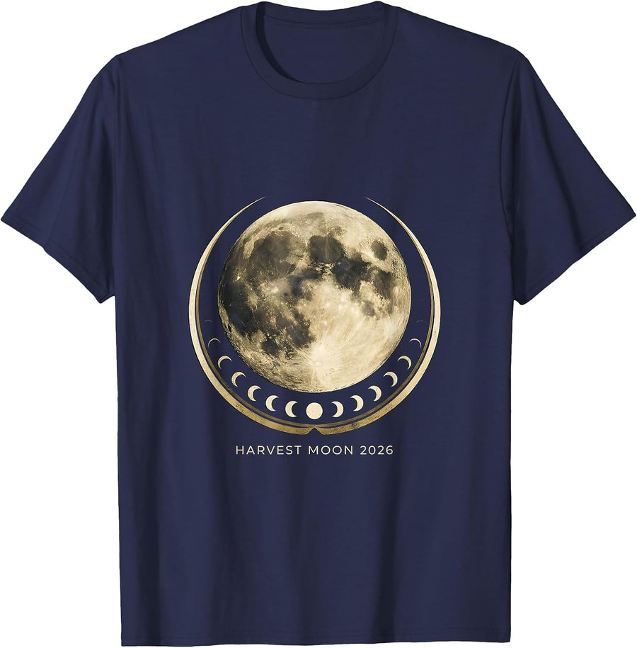 Harvest Moon 2026 Vintage Celestial Astronomy Astrology T-Shirt - Navy Blue
