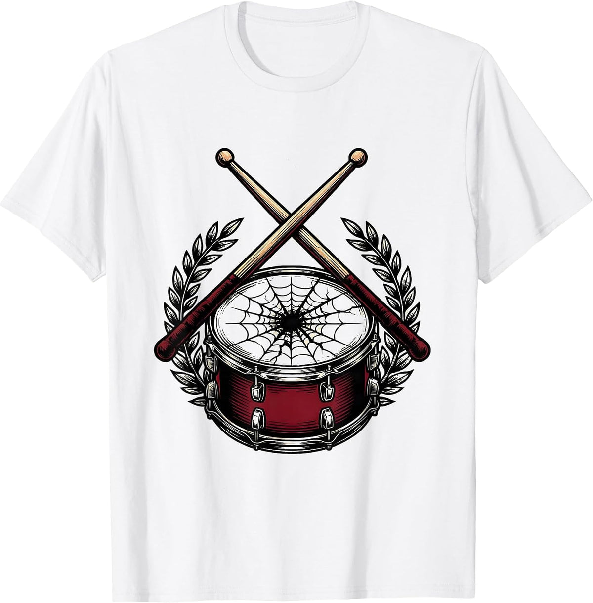 Men's Crossed Drumsticks Cracked Snare Drum Illustration T-Shirt - White