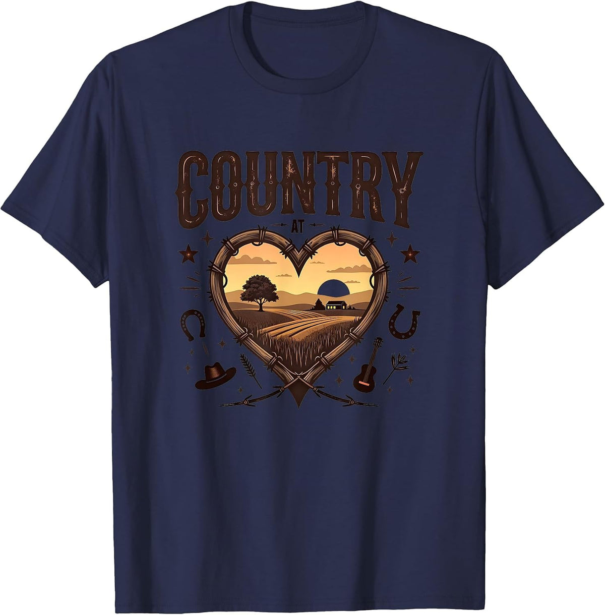 Country at Heart Rustic Farm Sunset Cowboy Western T-Shirt - Navy Blue