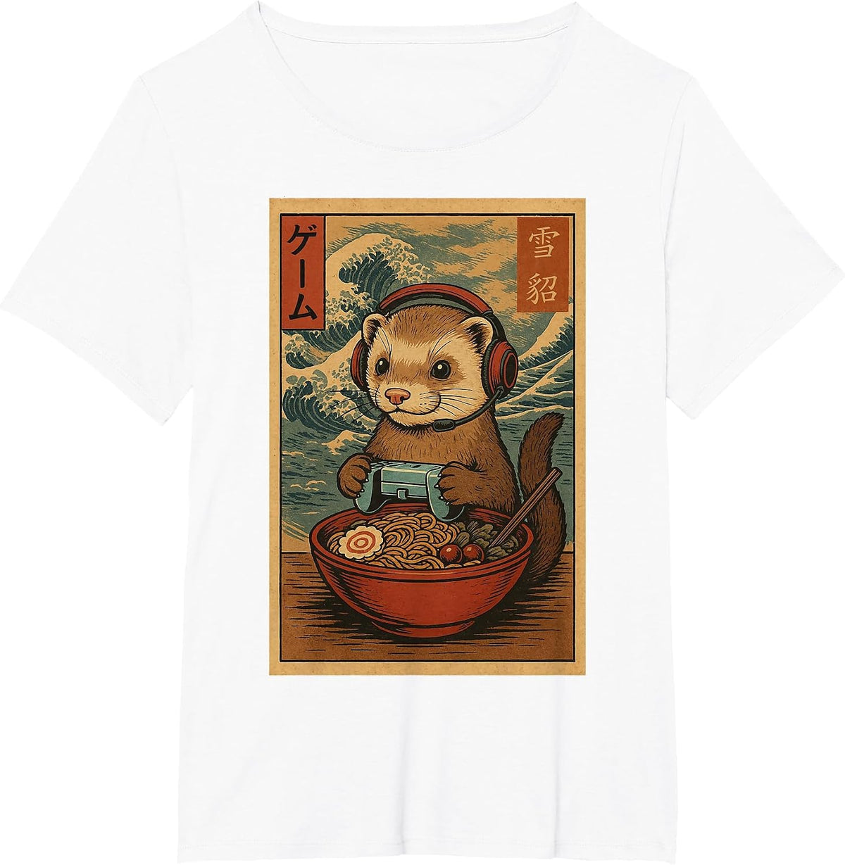 Kawaii Anime Gamer Ferret Ramen Retro Japanese Gaming Funny T-Shirt - White
