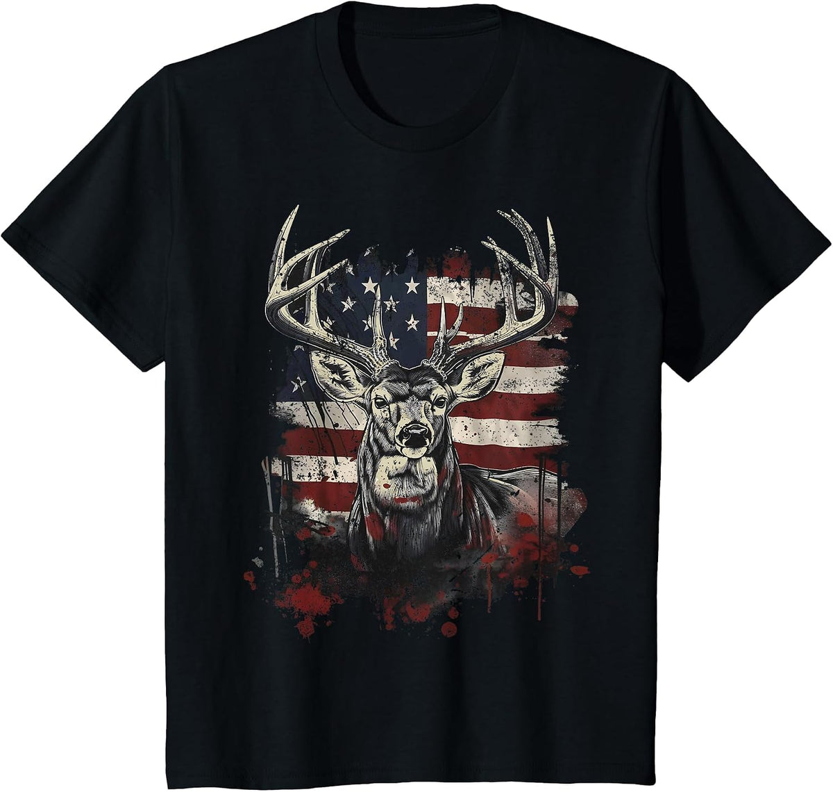 Buck White Tail Deer Hunting Hunter Distressed American Flag T-Shirt - Black