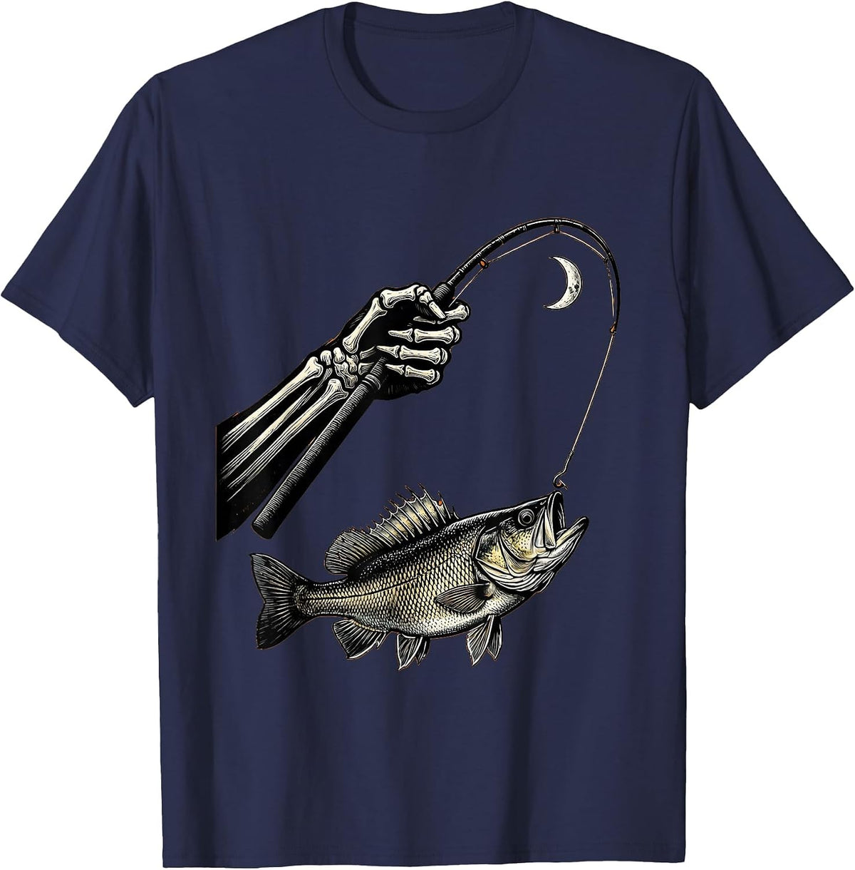 Men's Skeletal Forearm Fishing Halloween Spooky Angler Humor T-Shirt - Navy Blue