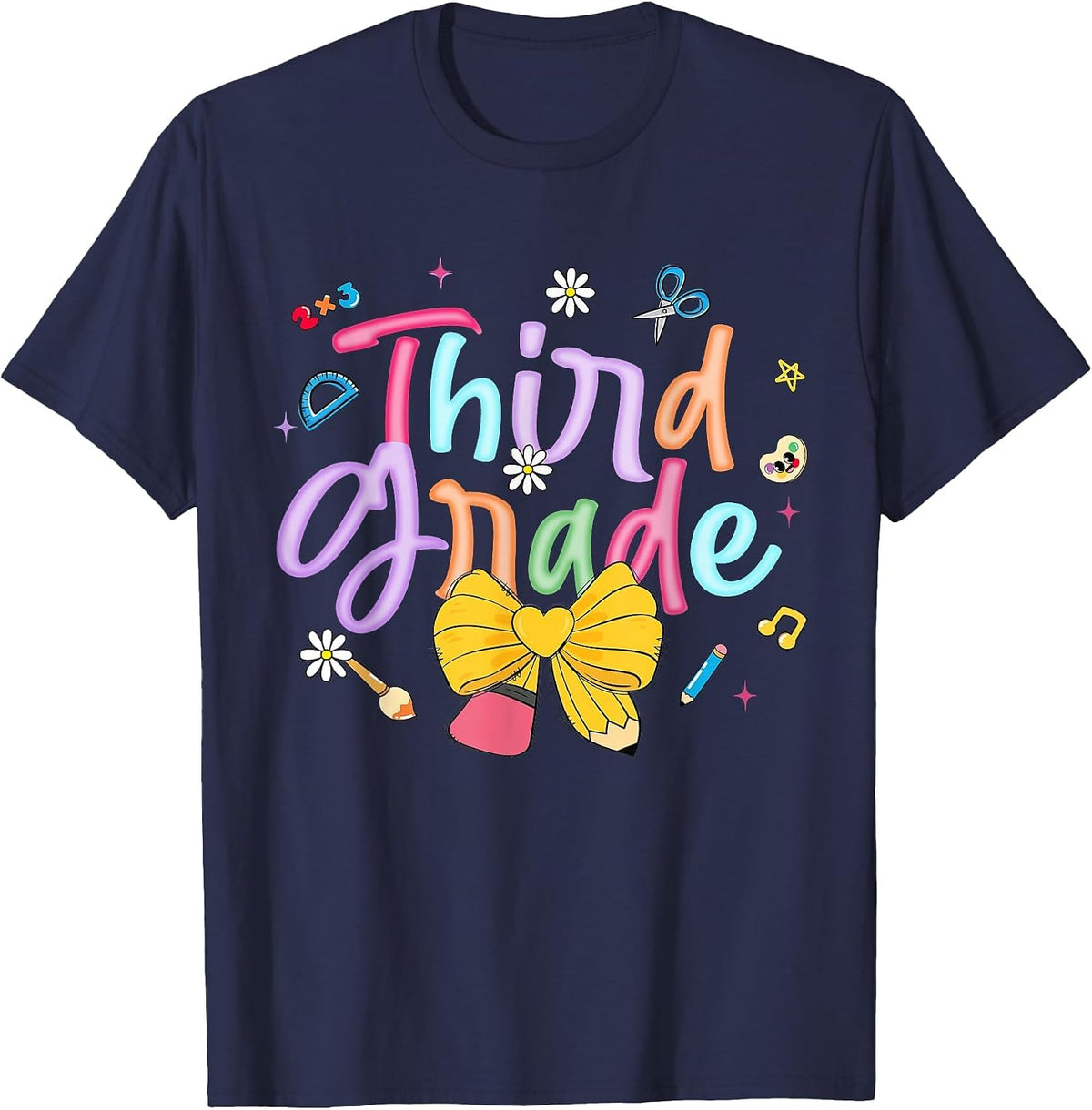 First Day of Third Grade Coquette Bow Pencil Teacher Student T-Shirt - Navy Blue