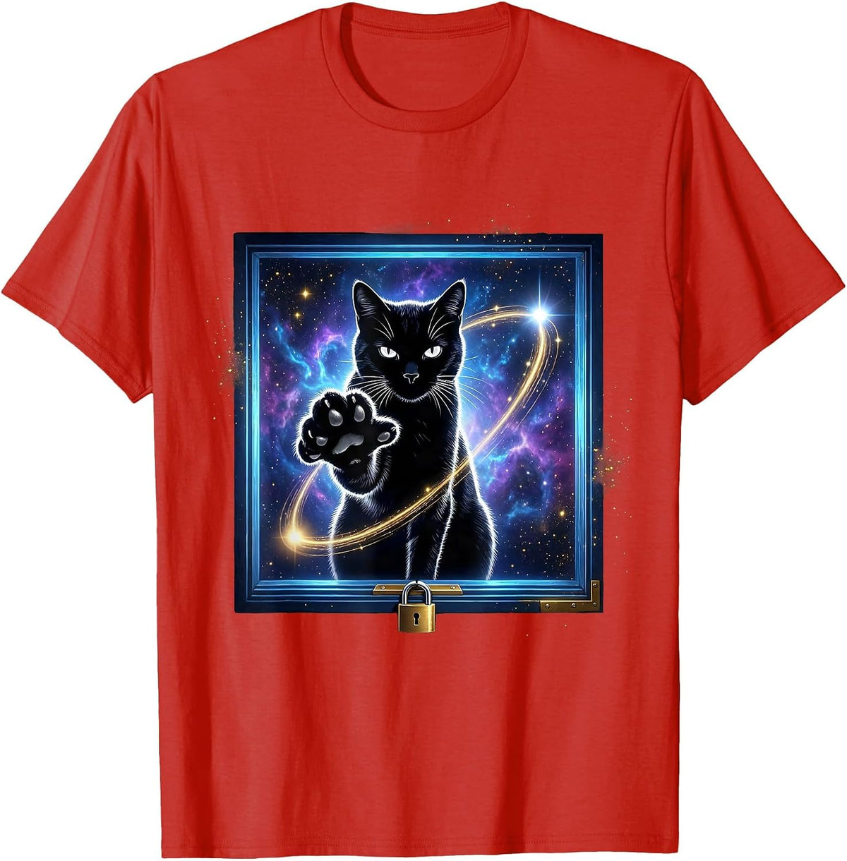 Men's Cosmic Cat Quantum Physics Science Enthusiast Humor T-Shirt - Red