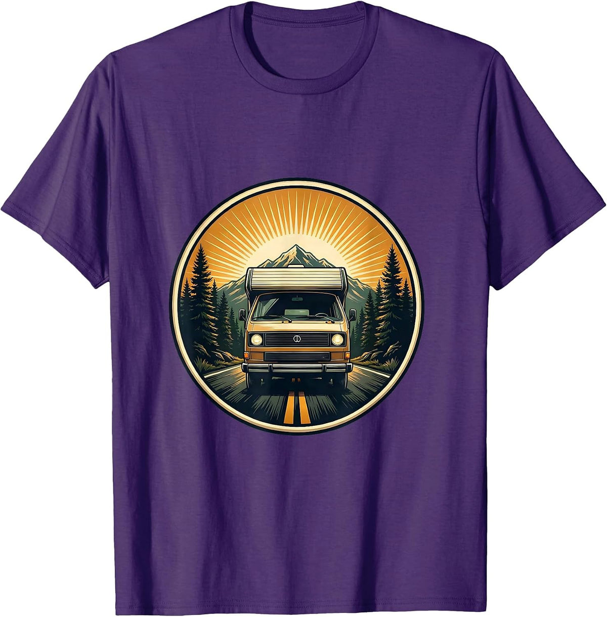 Vintage Camper Van Forest Road Adventure Graphic T-Shirt - Purple