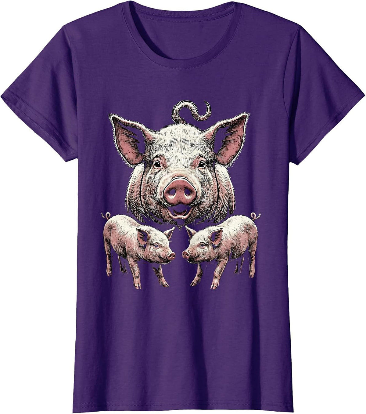 Women's Proud Pig Family Woodcut Engraving Farm Animal Lover Humor T-Shirt - Purple