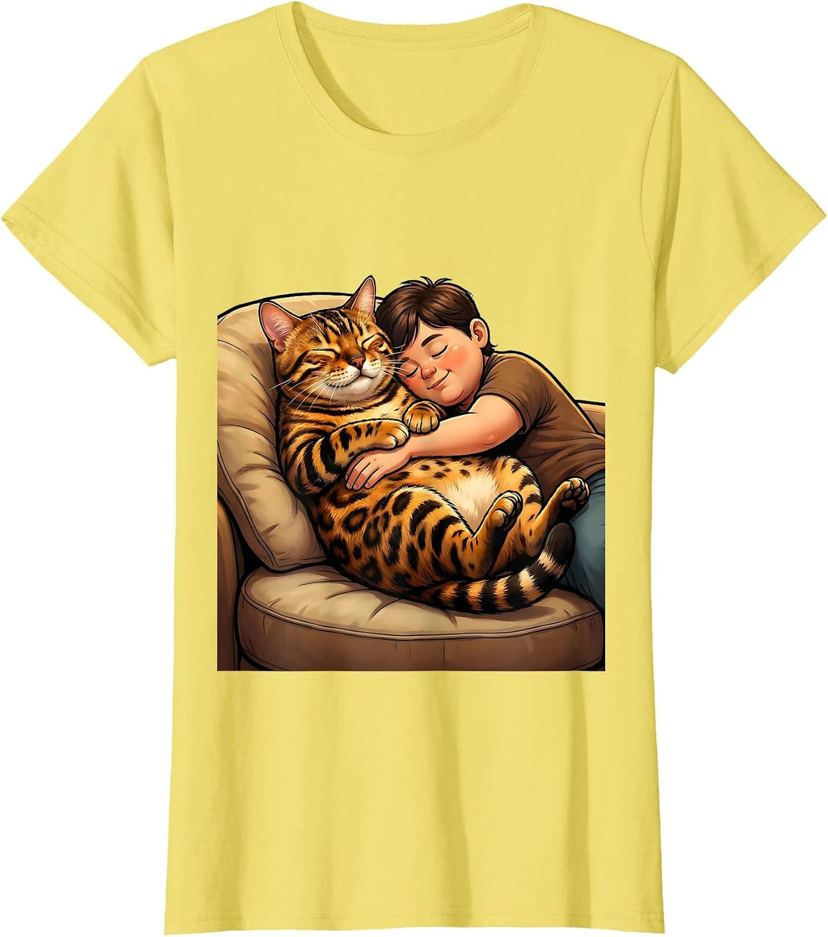 Women's Bengal Cat Napping With Owner Cozy Couch Scene T-Shirt - Lemon Yellow