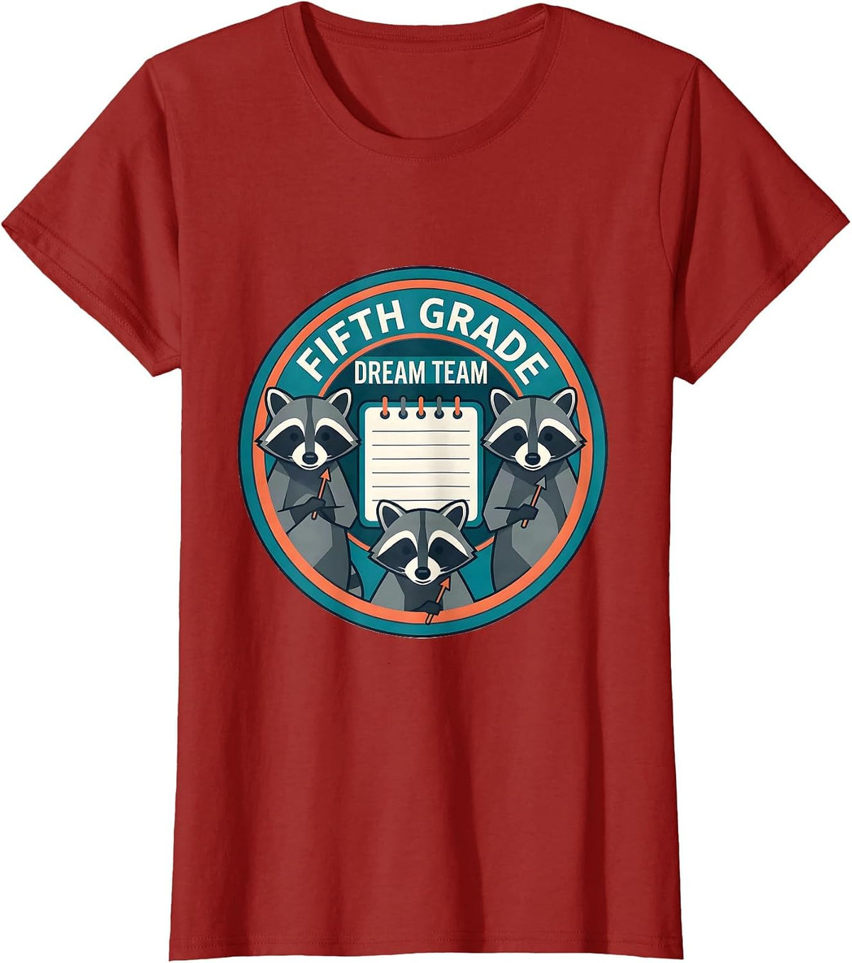 Women's Fifth Grade Dream Team Back to School Raccoon Teacher Staff T-Shirt - Cranberry Red